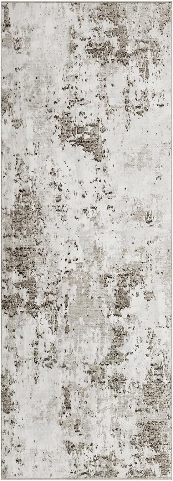 ROYHOME Modern Abstract 2x7 Runner Rug Washable Non Slip, Taupe/Beige | Stain Resistant Rug for Hallway Kitchen Bedroom Non Shedding Low Pile Indoor Floor Cover