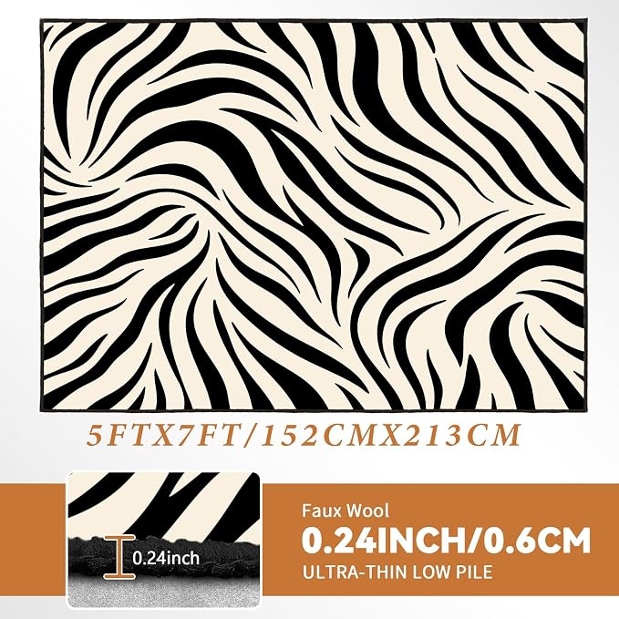 Zebra Print Area Rugs 5x7ft Black and White Striped Rug for Living Room Zebra Stripes Washable Rug for Bedroom Dining Room Office Playroom Nursery Home Decor Non-Slip Non-Shedding