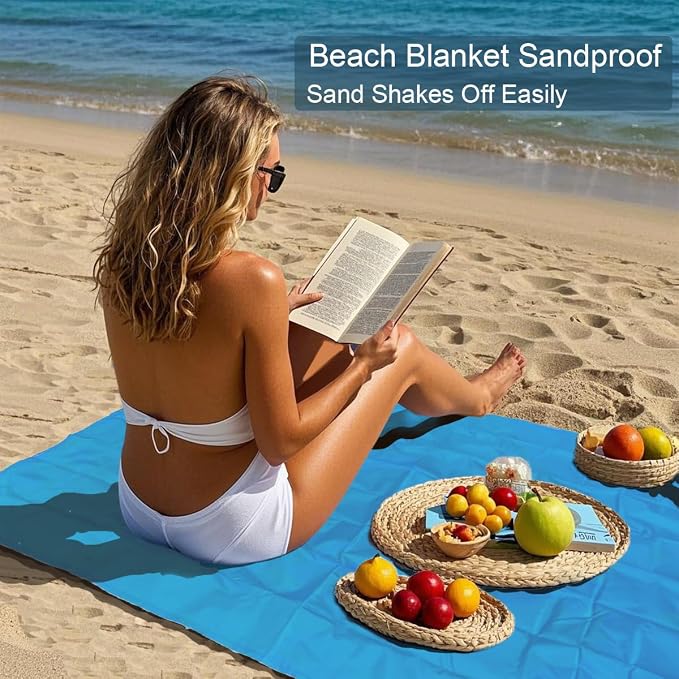 Outdoor Pocket Blanket, 55"x79" Waterproof Foldable Compact Small Picnic Blanket, Ultralight Tarp for Camping, Festival, Beach, Hiking, Backpacking, Travel, Stakes Included (Sky Blue)