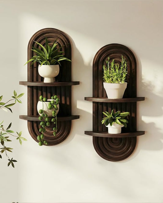 Bamworld Boho Wall Decor 2pcs Plant Wall Shelf, Mid Century Modern Decor Hanging Plant Shelf, 2-Tier Wooden Floating Shelves for Home, Bathroom Bedroom Living Room, Office Planter Decoration Walnut