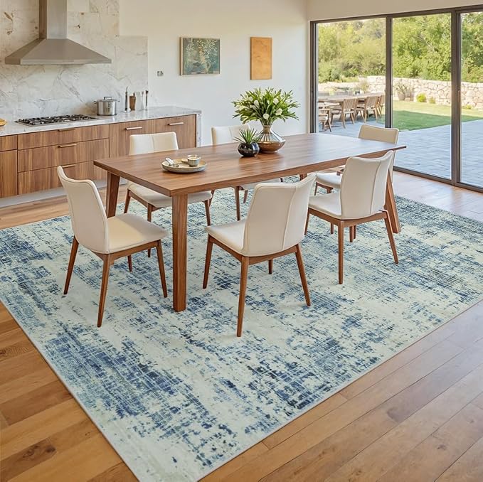 6x9 Washable Area Rug for Living Room Bedroom: Non-Slip Modern Blue Gray | Machine Washable TPR Backing, Stain-Resistant Low Pile, Pet & Kid Friendly, Abstract Decor for Dining Room, Dorm, Home Office