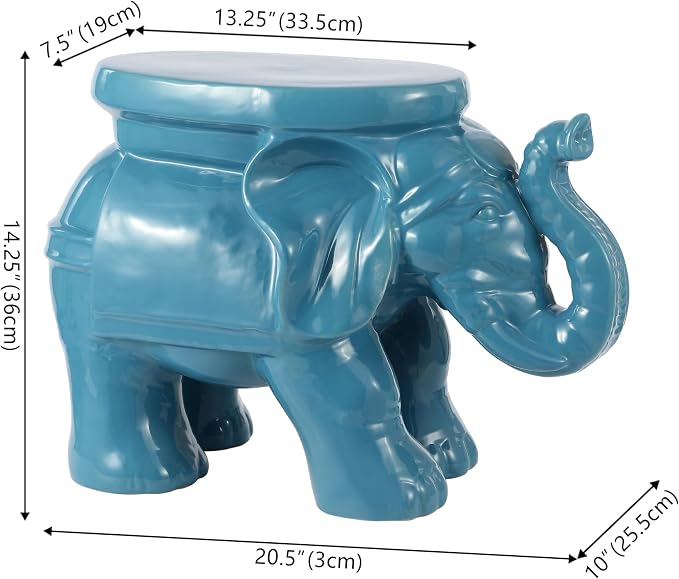 JONATHAN Y White Elephant 14.25" Glazed Ceramic Elephant Garden Stool, Weather-Resistant Indoor/Outdoor Patio Side Table and Plant Stand, Bohemian, Blue TBL1007D