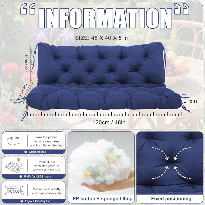 Porch Swing Cushions 2 Seater Replacement Thicken 5" Waterproof Swing Cushions for Outdoor Furniture Bench Patio Swing Cushion with Backrest & Ties(Navy Blue 48x40x5inch)
