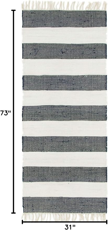 Unique Loom Chindi Rag Collection Area Rug - Striped (2' 7" x 6' 1" Runner, Navy Blue/ Ivory)