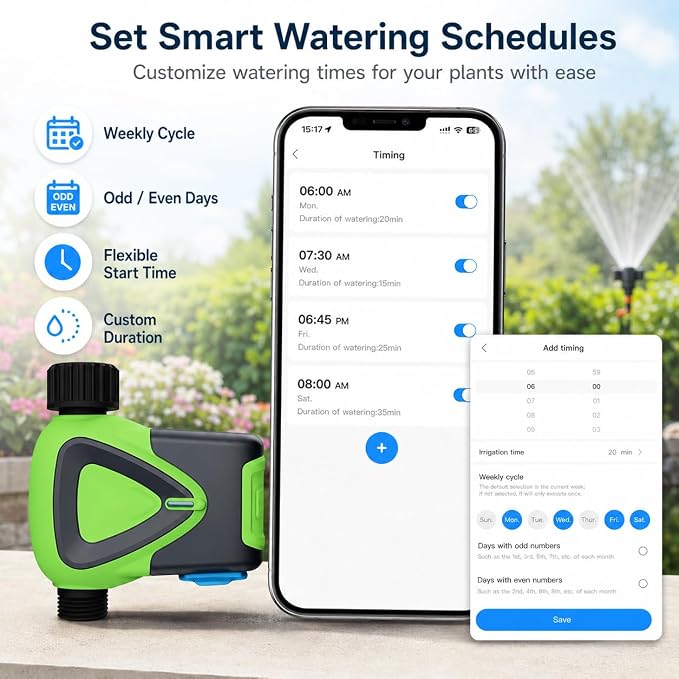 Smart WiFi Hose Timer No Hub Required, App-Controlled Sprinkler Timer for Garden Hose, Automatic Watering Timer for Lawn Yard Greenhouse, Rain Delay, 3/4 Inch Faucet, IP65 Waterproof