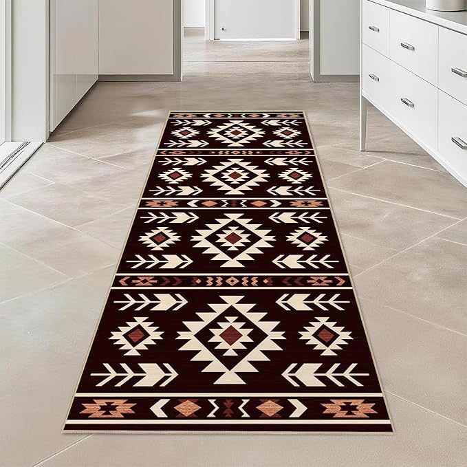Western Runner Rug 2x6 for Hallway Kitchen Bedroom, Southwestern Aztec Tribal Runner Rugs Southwest Navajo Machine Washable Rug Non-Slip Printed Low-Pile Floor Carpet Mat for Living Room, Red Brown