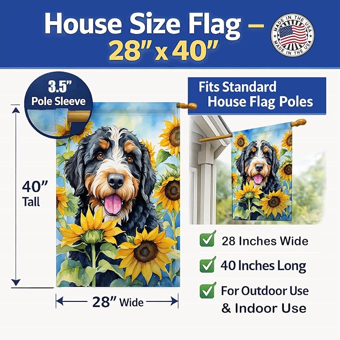 Caroline's Treasures DAC6025CHF Bernedoodle in Sunflowers House Flag Large Porch Sleeve Pole Decorative Outside Yard Banner Artwork Wall Hanging, Polyester, House Size, Multicolor