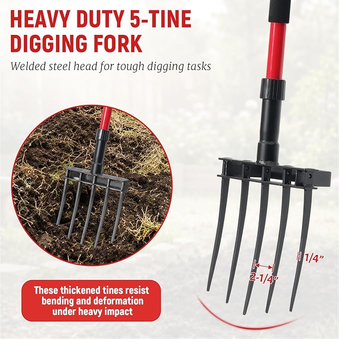 Garden Fork, 43 Inch Pitch Fork with Fiberglass Handle & Foot Bracket, Heavy Duty 5-Tine Pitchfork for Gardening, Breaking up Dirt, Loosening Soil, Digging Potatoes, Turning Compost, Mulching, Weeding