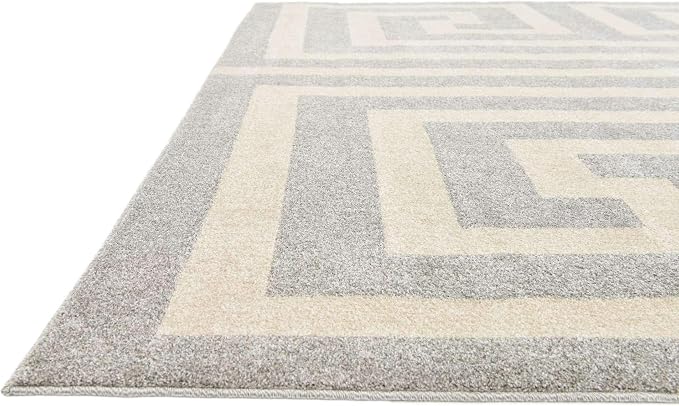 Unique Loom Athens Collection Classic Geometric Modern Border Design Area Rug (8' 0 x 8' 0 Square, Gray/ Beige)