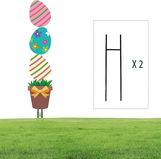 Bunny Chorus Large Metal Easter Egg Flower Pot Yard Signs: 2pcs, Multicolored, Farmhouse Style, Easter Decor with Stakes, Lawn & Garden Decor