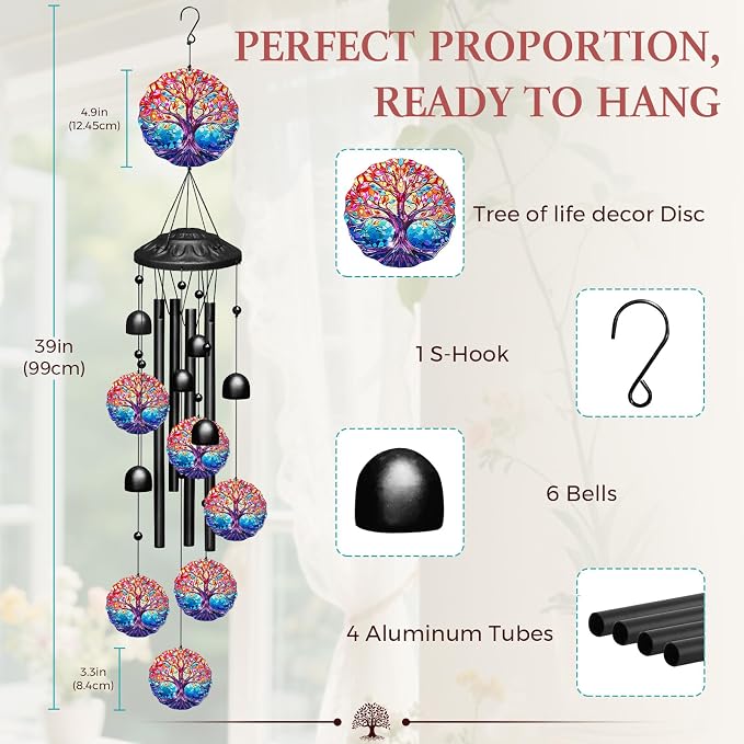 Tree of Life Wind Chimes for Outside,Soft Tone Metal Windchimes with Bells, Colorful Family Tree Decor for Garden Yard Patio,Memorial Sympathy Gifts for Women Mom in Gift Box