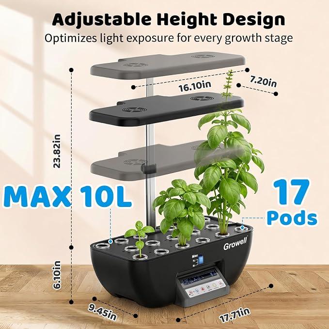 Growell 17 Pods Hydroponics Growing System Kit, Indoor Garden with 2 Fans | for Airflow & Anti-Mold, LED Grow Light, Smart Water Cycle, Auto Timer, 10L Large Water Tank,Gardening Gift, Black/Gery