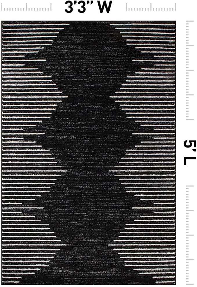 Rugshop Bohemian Stripe Stain Resistant Area Rug Black 3'3" x 5' | High Traffic, Rectangular, Size 3'3" x 5', Living Room, Bedroom, Dining Room, Home Office, Kitchen, Entryway, Hallway