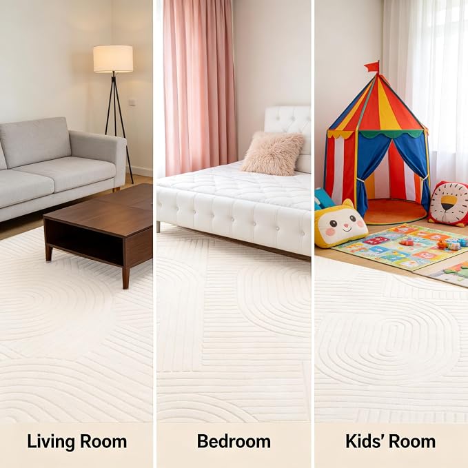 Beige Boho 8x10 Solid Color Area Rugs, Washable Living Room Rug | Ultra Soft Plush High-Low Pile Carpet, Fluffy, Non-Slip, Durable Rugs for Bedroom, Kids Room, Nursery, Apartment, Home Office