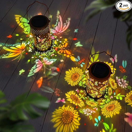 2 Pack Colorful Solar Lanterns Outdoor Waterproof - [Sunflower + Butterfly] - Decorative Outdoor Solar Hanging Lanterns for Porch Courtyard Table Path Garden Decor, Gifts for Mom Wife Grandma Women