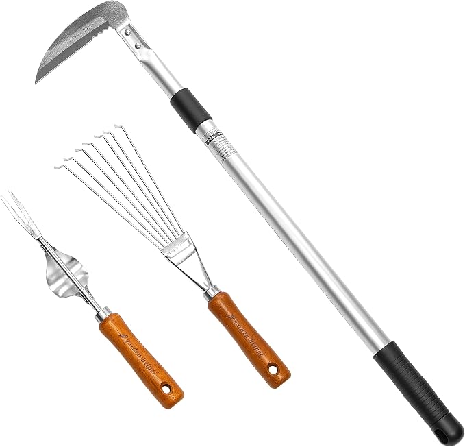 Japanese Garden Weeding Tools Set (Telescoping Long Handle Sickle, Root Puller, Hand Rake) Gardening Weeder Tools Set, Made in Japan
