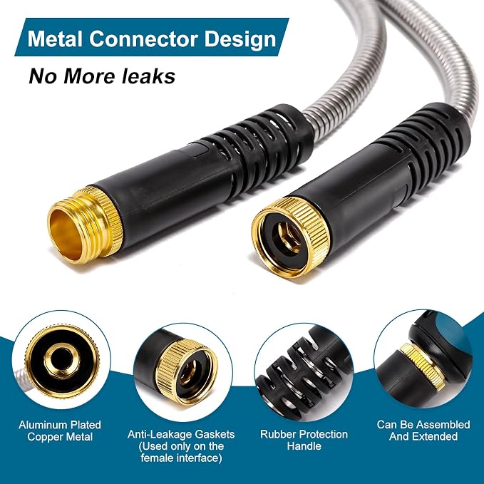 Metal Garden Hose 75 ft x 5/8 in OD with 10 Pattern Sprayer Nozzle, Stainless Steel Water Hose, Non Expandable Flexible Kink Resistant Heavy Duty Hose for Yard, Car Washing and Pet Bath