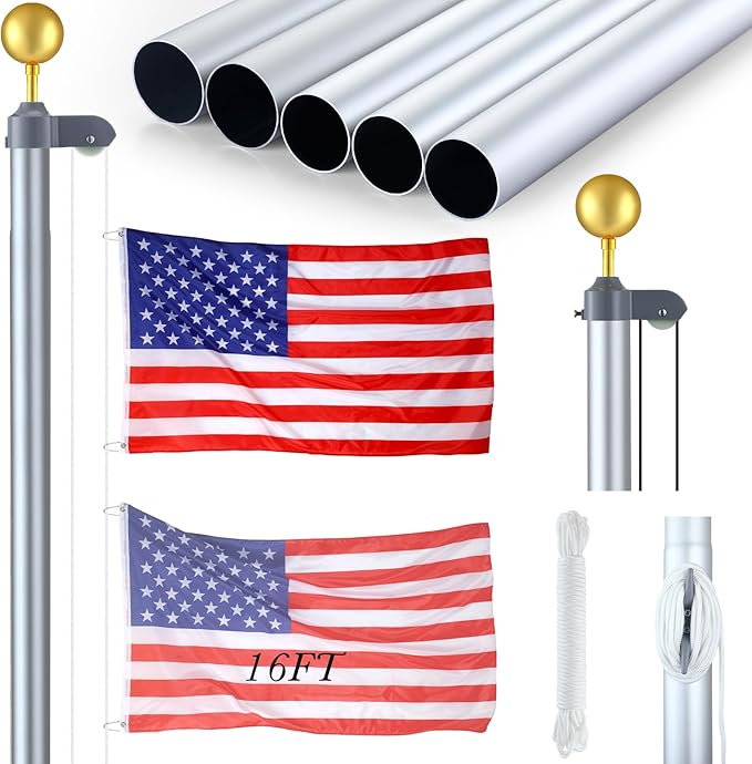 FuWeave Flagpoles for Outside House in Ground 16 ft Sectional Flag Pole Kit Extra Thick 16 Gauge Heavy Duty Aluminum Flag Pole with Gold Ball Top for Residential or Commercial (Silver)