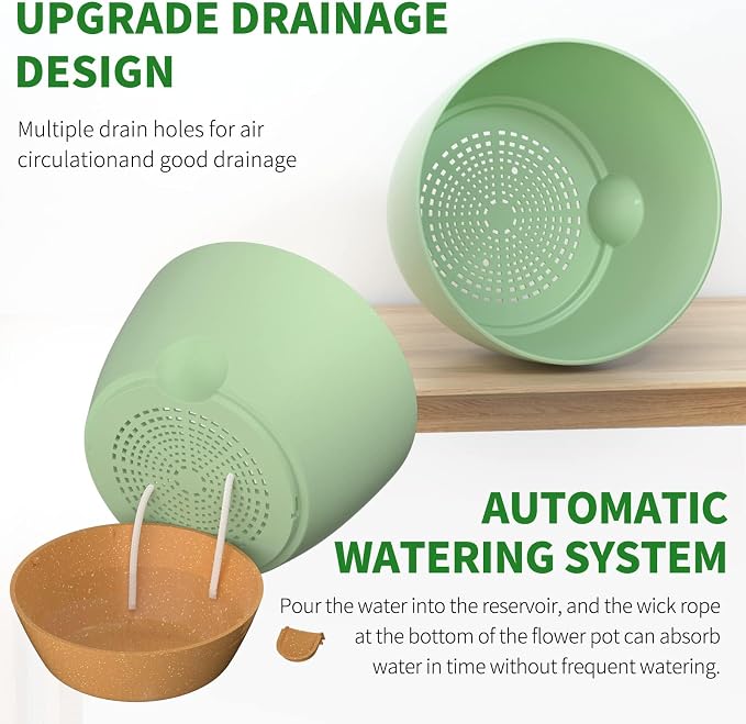 12/10/9/8/6 Inch Self Watering Pots for Indoor Outdoor Plants, Set of 5 Large Plastic Planters with Visual Water Window, Drainage Holes & Watering Lip, Modern Decorative Flower Pots (Green)