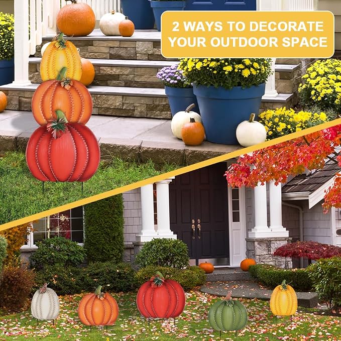PHITRIC Fall Decorations Outdoor, 34" 2PCS Decorative Garden Stakes with 6 Pumpkins for Fall Decor, Metal Yard Signs for Home Outside Garden Yard Lawn Patio, Thanksgiving Decorations