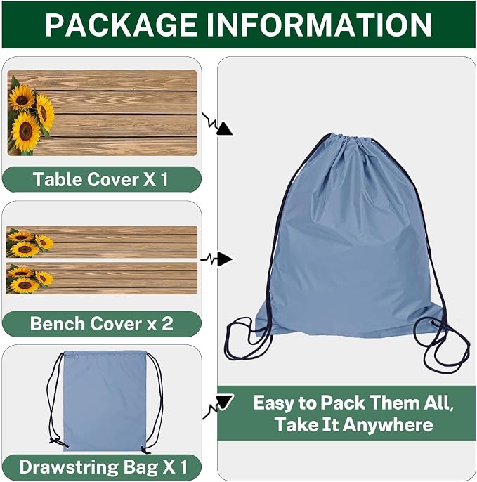 Sunflower Wooden Picnic Table Cover with Bench Covers, Rustic Summer Floral Farmhouse Outdoor Camping Essentials 6FT 3PCS Fitted Rectangle RV Must Haves Tablecloth with Drawstring Bag