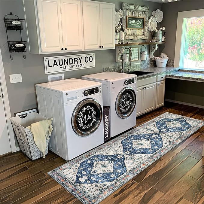 Lahome Felice Boho Tribal Runner Rug - 2x8 Blue Washable Runners for Hallways Bathroom Rug, Oriental Soft Non Slip Low Pile Pet Friendly Kitchen Mat Carpet Runner for Apartment Bar Hall Front Door