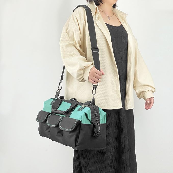 Women Garden Tools Bag 16inch Wide Mouth Tool Bag with Molded Base and Plastic-Padded, Inside Pockets for Tool Storage and Organization,600D polyester fabric (Teal color)