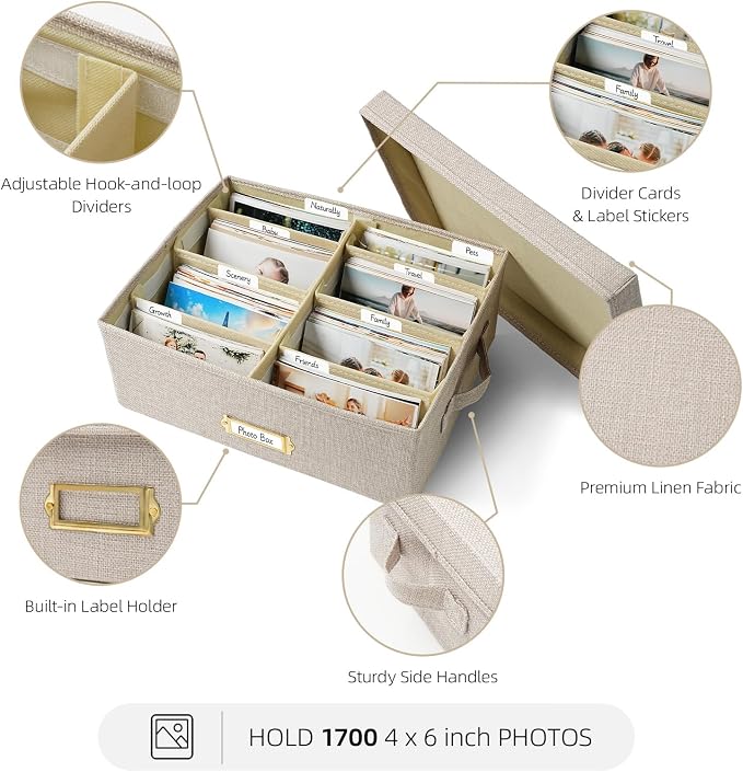Linen Photo Storage Box with Adjustable Hook and Loop Dividers, Holds 1700 4"x6" Photos, Collapsible Picture Organizer with Handle and Label Stickers, Memory Keepsake Box for Women, Beige
