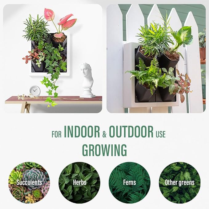 Self Watering Wall Planter with 4 Pots - Easy to Create Indoor Living Wall for Home, Office and Shop Front - Includes Water Gauge (White)