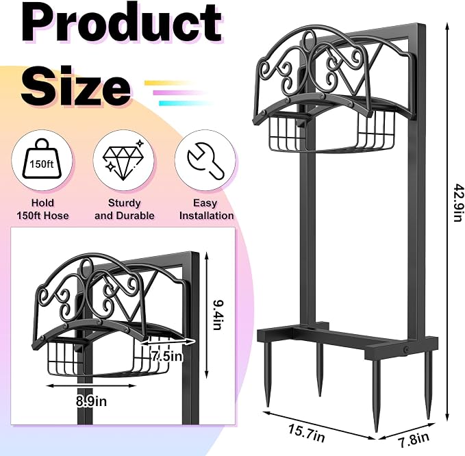 Garden Hose Holder, Metal Water Hose Holder with Storage Basket, Heavy Duty 4 Spikes Hose Hanger Holds 150 Feet Hoses, Freestanding Hose Storage Reel Rack for Outdoor Yard Lawn,Coil