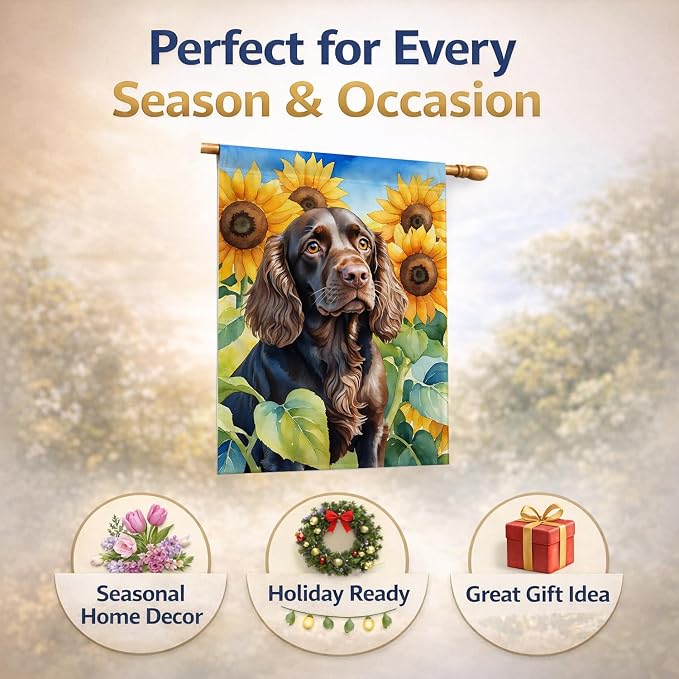 Caroline's Treasures DAC6039CHF Boykin Spaniel in Sunflowers House Flag Large Porch Sleeve Pole Decorative Outside Yard Banner Artwork Wall Hanging, Polyester, House Size, Multicolor