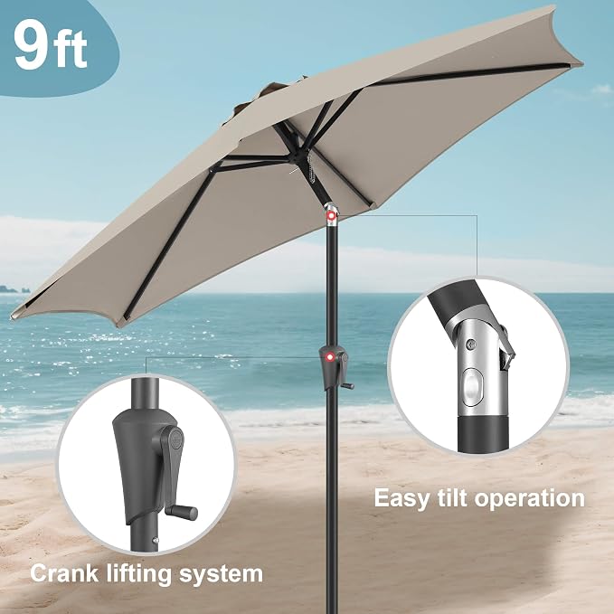FLAME&SHADE 9ft Patio Umbrella Outdoor - Table Umbrella with Push Button Tilt and Crank, UV Protection, 6 Sturdy Ribs, Market Umbrella for Garden, Deck, Backyard, Lawn, Pool and Beach(Taupe)