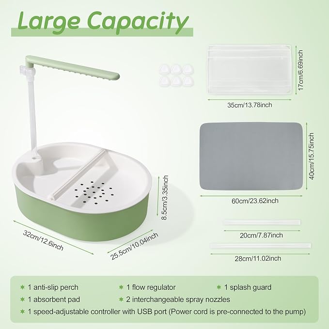 Automatic Parakeet Bird Bath, Easy-to-Use, Fountain Birdbath with USB, for Pet Birds, Cockatiel Lovebird, Green, 1 Set