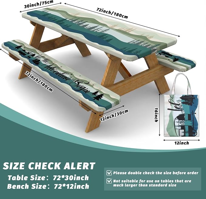Picnic Table Cover with Bench Covers Elastic Edges Outdoor Camping Essentials 4 Pcs Mountains Waterproof Oil-Proof Tablecloth with Handbag for RV Accessories Farmhouse Camping Rustic Party Decor 72 IN