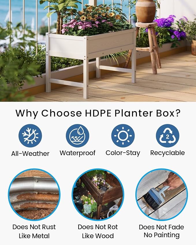 Weatherproof Raised Garden Bed, HDPE Outdoor Elevated Planter Box with Legs, Garden Box, Flower Beds for Patio, Deck, Balcony (White)