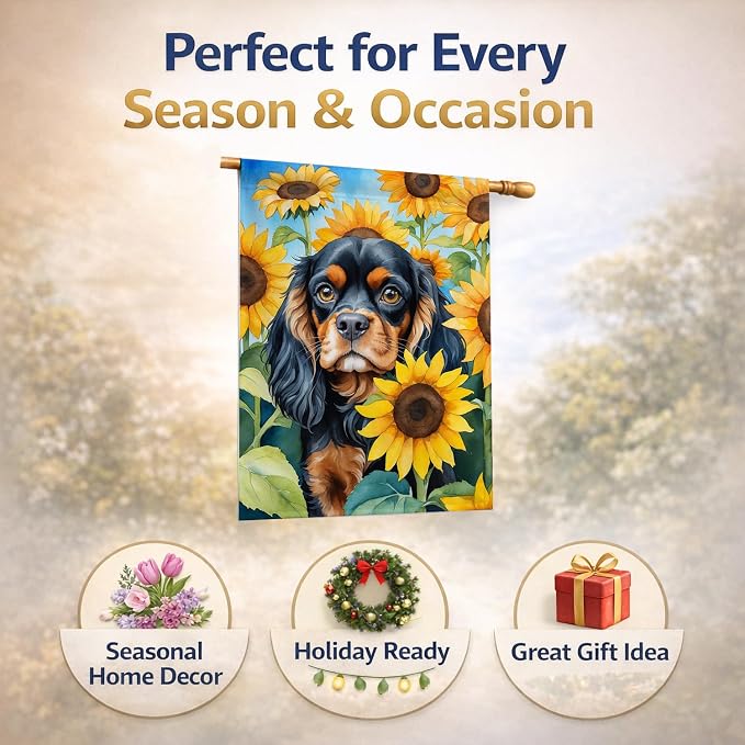 Caroline's Treasures DAC6048CHF Cavalier Spaniel in Sunflowers House Flag Large Porch Sleeve Pole Decorative Outside Yard Banner Artwork Wall Hanging, Polyester, House Size, Multicolor