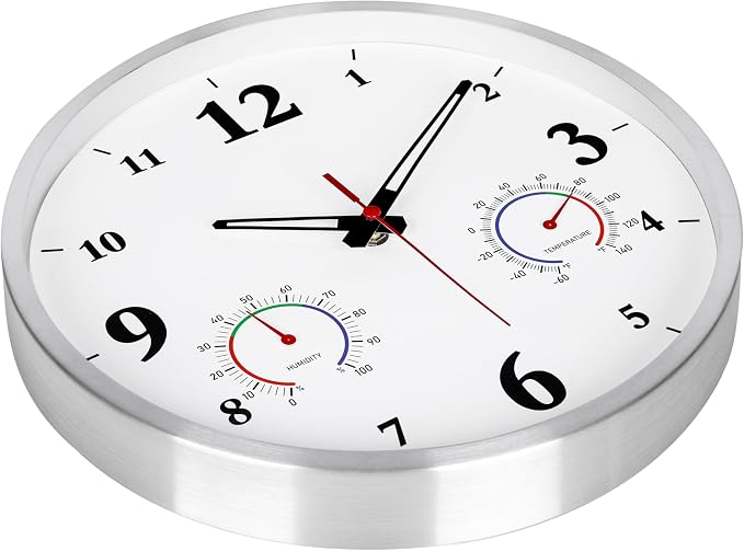Outdoor Clock Waterproof with Thermometer and Hygrometer Combo, Metal Outdoor Wall Clocks for Patio Pool Garden - 12 Inch White