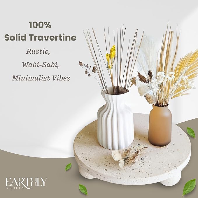 100% Natural Travertine Footed Tray – Round Stone Display Pedestal Stand Riser with 3 Ball Legs, Neutral Decorative Catchall for Vanity, Kitchen, Bathroom, Living Room, Soap, Perfume, Candle, 7.9''
