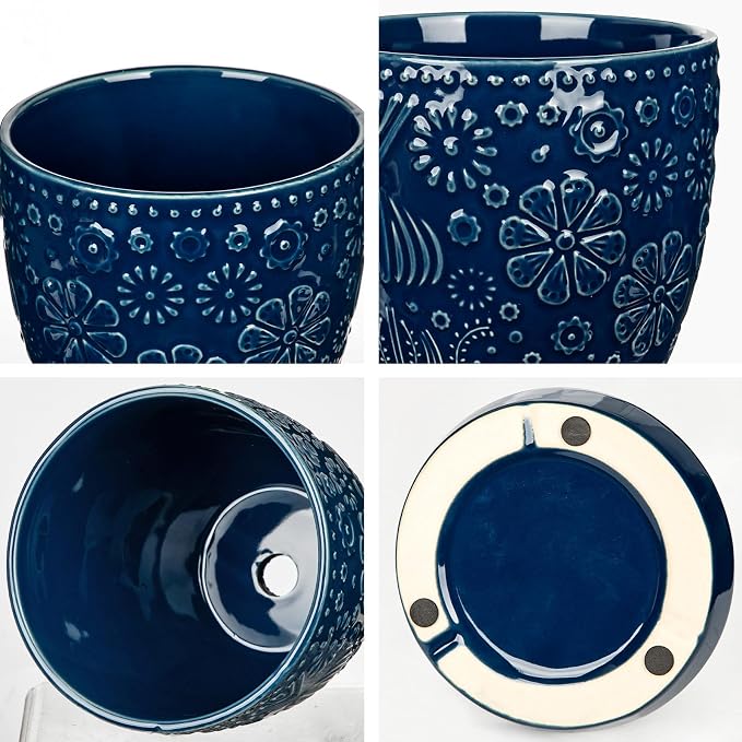 Hollyone Set of 3 Blue Ceramic Planter 6 Inch Flower Plant Pot with Drainage Hole and Saucer for Plants Embossed Indoor Outdoor Garden Embossed Ceramic Glazed Round Pot for Succulent Orchid