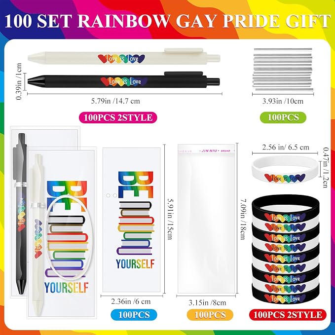 Spakon 100 Set Gay Pride Gifts Rainbow Silicone Wristband Bracelet LGBT Retractable Ballpoint Pen Black Ink Gift Cards with Twist Ties Pride Decorations for Parades Rainbow Festival Gay Pride Month