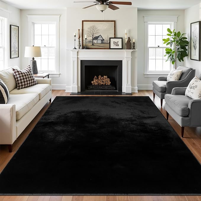 SHACOS Ultra Soft Faux Rabbit Fur Area Rug 6'x9', Non Slip Washable Padded Living Room Rugs, Fluffy Cozy Indoor Modern Carpet for Bedroom Dining Room Kids Room Dorm Home Decor, Black