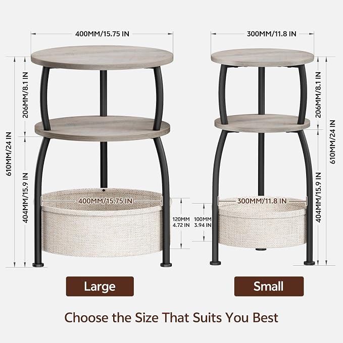 Round Side Table with Storage Basket, End Table Living Room, Greige | Round End Table, Small Bedside Table for Bedroom, 3 Tiers, Sofa Couch Side Table, Linen Storage, Greige 15.75in