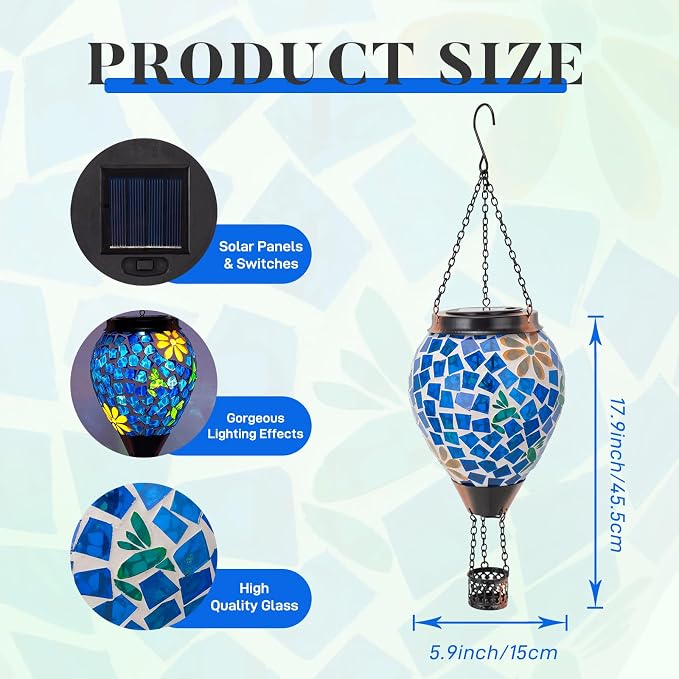 Hummingbird Solar Hot Air Balloon Lantern with Flame, Blue Hanging Mosaic Solar Lantern Outdoor Waterproof, Outdoor Solar Lights for Yard Gardening Gift for Mom Grandma Women