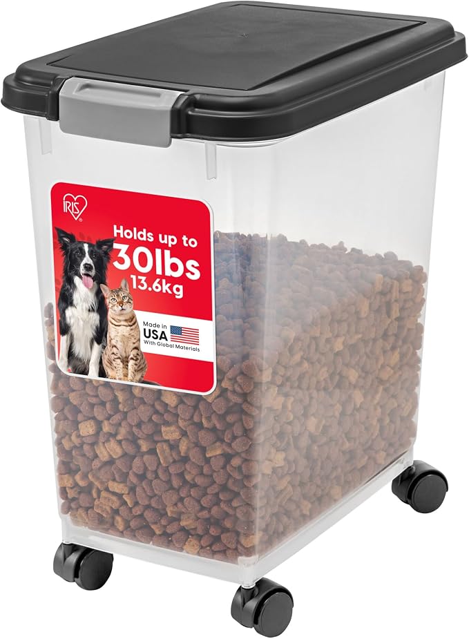 IRIS USA Airtight Pet Food Storage Container with Wheels, Black, 30 lb Capacity - BPA-Free Clear Plastic Bin with Snap-Lid Seal to Keep Kibble, Pellets or Seeds Fresh for Dogs, Cats and Birds