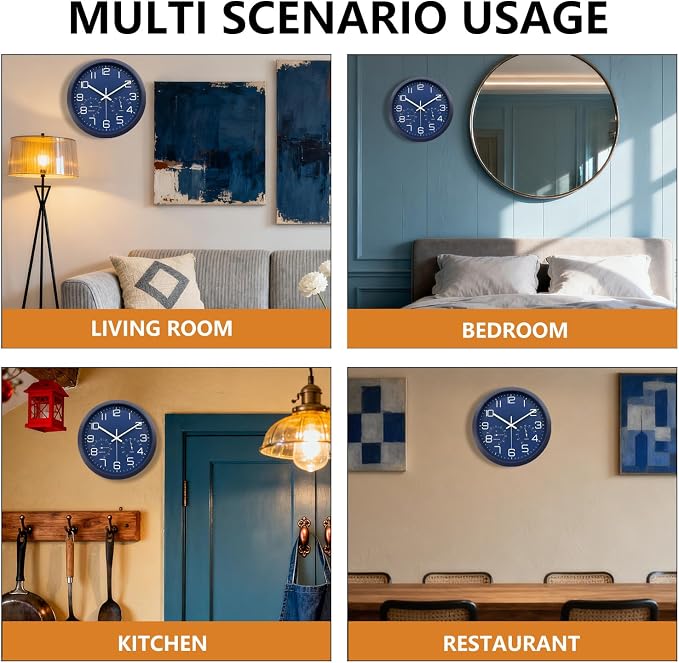 12 Inch Analog Wall Clock with Temperature and Humidity, Battery Operated Non-Ticking Silent Tempered Glass Large Numbers Clocks for Living Room Bedroom Office Kitchen Farmhouse Outdoor, Blue