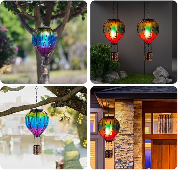 Gradient Color Solar Hot Air Balloon Outdoor Lantern with Flickering Flame Hanging Outdoor Lantern Waterproof Decorative Lantern Lamp for Patio, Garden, Porch | Handmade Glass, Flickering Flame, Waterproof, Decorative Outdoor Lantern, for Patio, Garden...