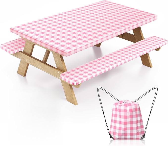 Picnic Table Cover with Bench Covers and Bag, Camping Essentials Camping Table Cover with Elastic Edges, 72x30 Inches 3 Pcs Set (Pink)