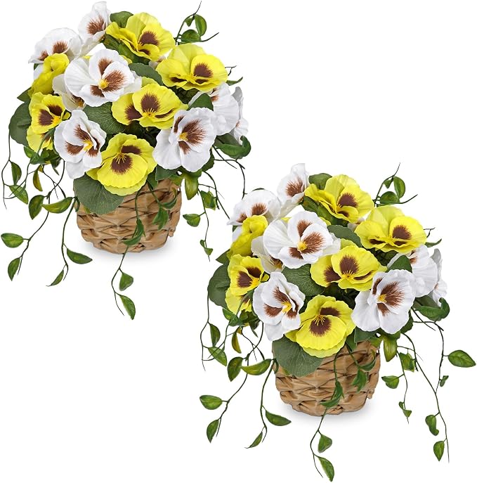 Briful Artificial Pansy Flowers in Baskets, 2PCS Realistic Fake Flowers for Farmhouse Table Decor, All Seasons Faux Indoor Flowers for Home Kitchen Living Room Dining Shelf Decor, White Yellow