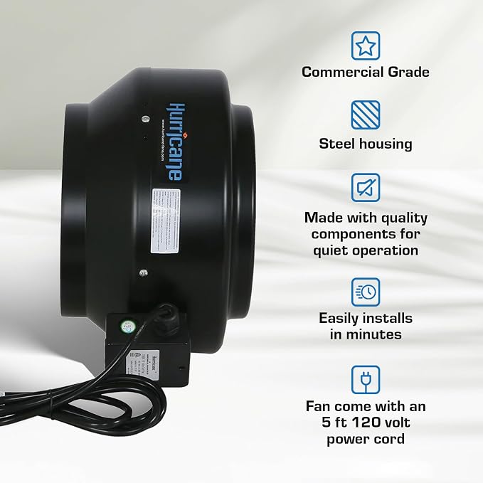 Hurricane Commercial Grade Inline Fan for Phresh & Black Ops Carbon Filters, Ideal-Air Ducting and Clamps and Titan Controls Ventilation Controllers