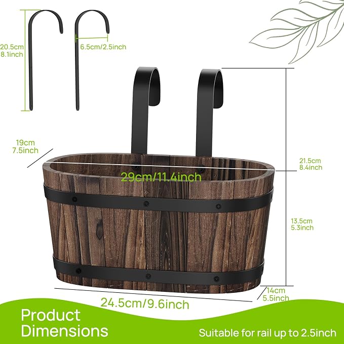 2PACK Wood Cute Railing Planter Box Wooden Hanging Flower Pots for Railing Fence Outdoor Plants Wall Planters Window Flower Box Hanging Bucket Pots Countryside plant Holder (Carbonized,2pcs,Small)
